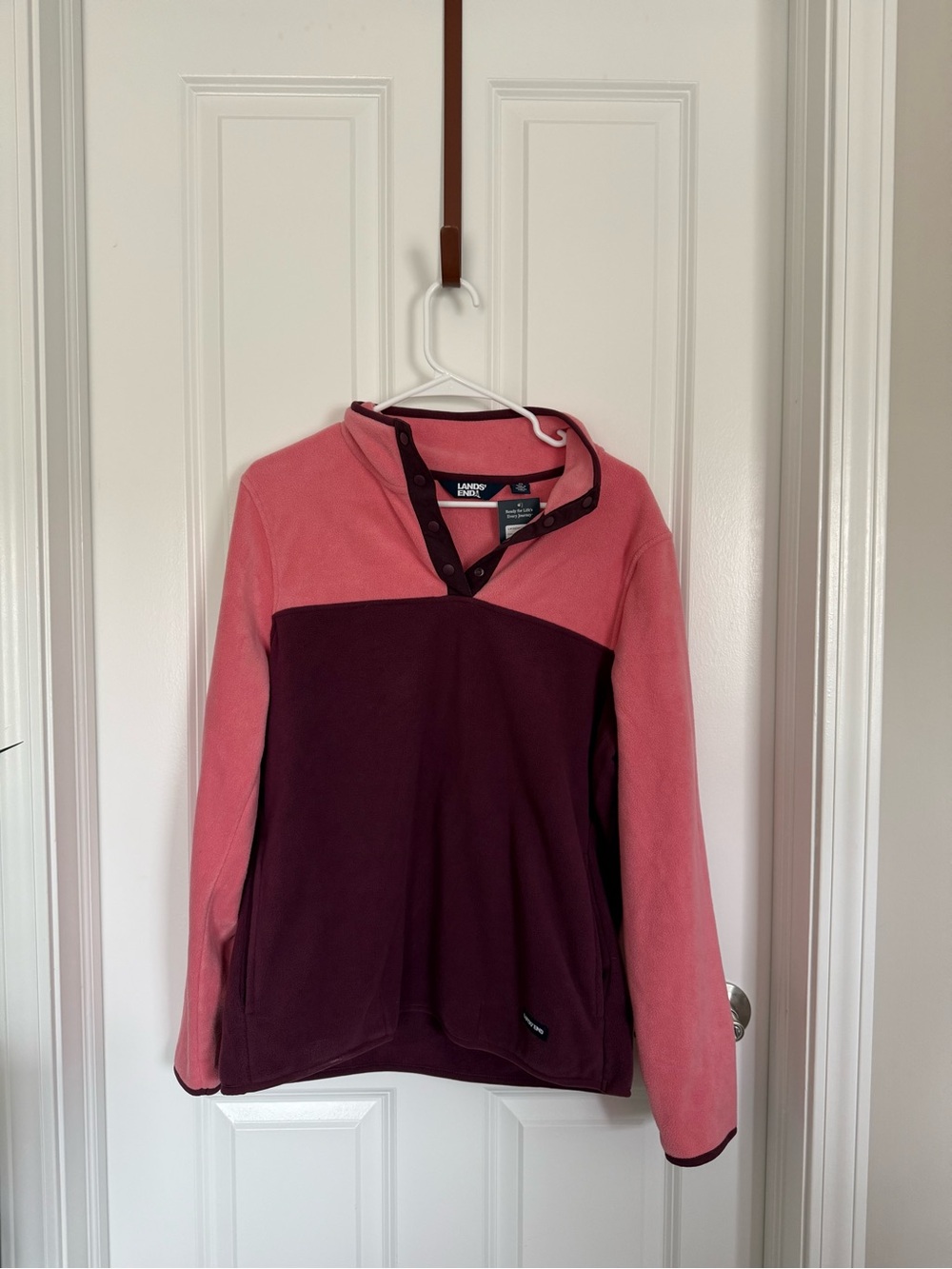 Lands' End Coral and Burgundy Snap Fleece Pullover